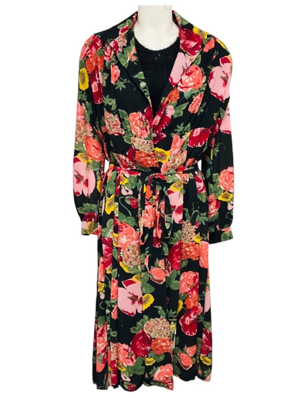 JUNYA WATANABE BLACK WOOL KNIT MIDI DRESS WITH MULTICOLOR FLORAL CHIFFON OVERLAY